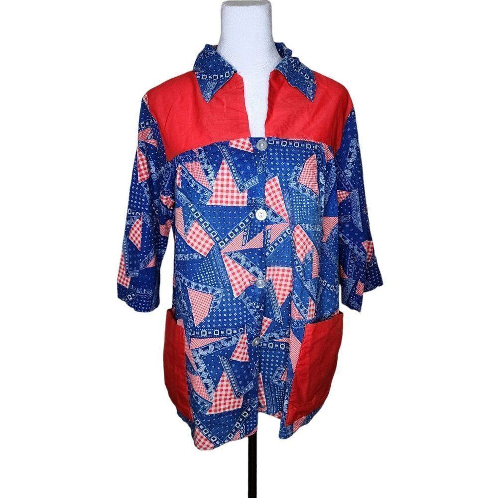 Vintage 1960s Handmade Chore Blouse Womens Size L Blue Red American Flag